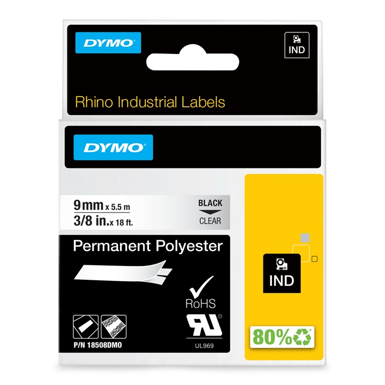 Dymo RHINO 18508 Permanente Polyester Tape zwart op transparant 9mm - EOL Dymo RHINO 18508 Permanente Polyester Tape zwart op transparant 9mm - EOL