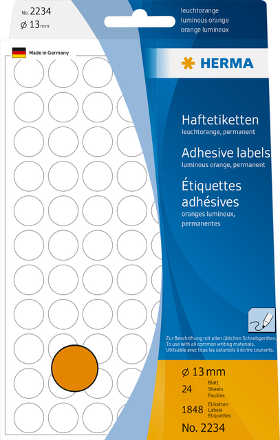 Etiket HERMA 2234 rond 13mm fluor oranje 1848stuks Etiket HERMA 2234 rond 13mm fluor oranje 1848stuks