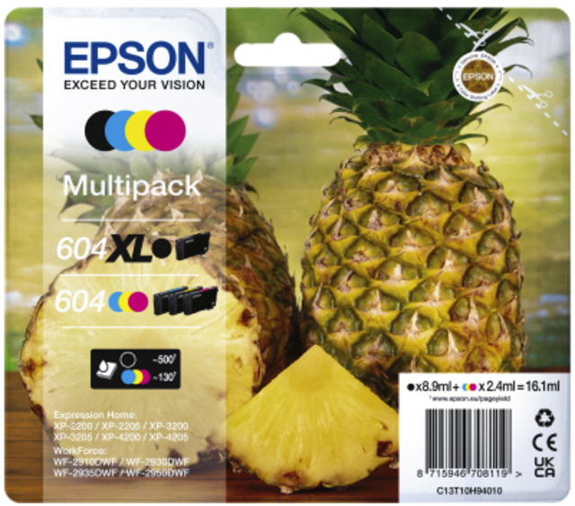 Inktcartridge Epson 604XL/604 T10H94 zwart + 3 kleuren Inktcartridge Epson 604XL/604 T10H94 zwart + 3 kleuren
