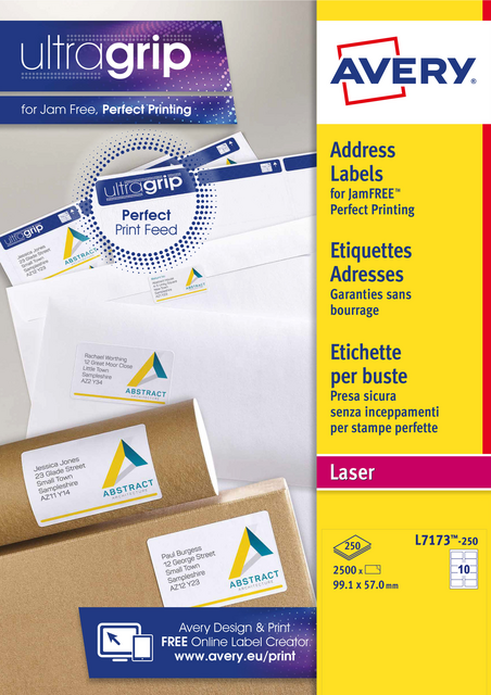 Etiket Avery L7173-250 99.1x57mm wit 2500 etiketten Etiket Avery L7173-250 99.1x57mm wit 2500 etiketten