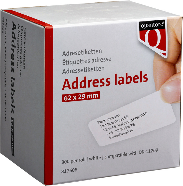 Labeletiket Quantore DK-11209 29x62mm adres wit 800 stuks Labeletiket Quantore DK-11209 29x62mm adres wit 800 stuks