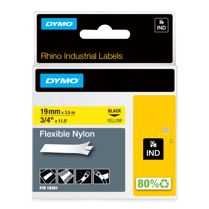 Dymo 18491 RHINO flexibele nylontape zwart op geel 19mm Dymo 18491 RHINO flexibele nylontape zwart op geel 19mm