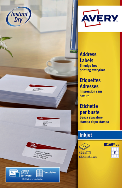 Etiket Avery J8160-10 63.5x38.1mm wit 210 etiketten Etiket Avery J8160-10 63.5x38.1mm wit 210 etiketten