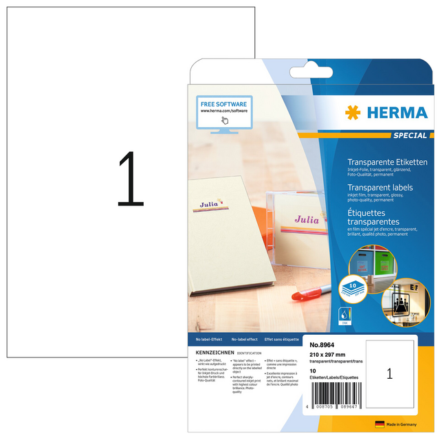Etiket HERMA 8964 210x297mm transparant glanzend 10stuks Etiket HERMA 8964 210x297mm transparant glanzend 10stuks