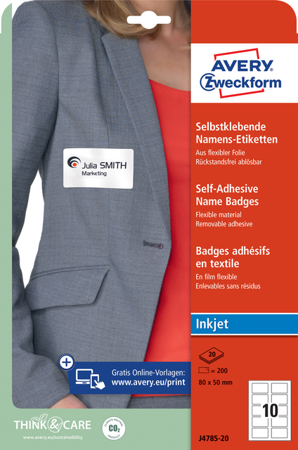 Naambadge etiket Avery Zweckform J4785-20 80x50mm wit 200 etiketten Naambadge etiket Avery Zweckform J4785-20 80x50mm wit 200 etiketten