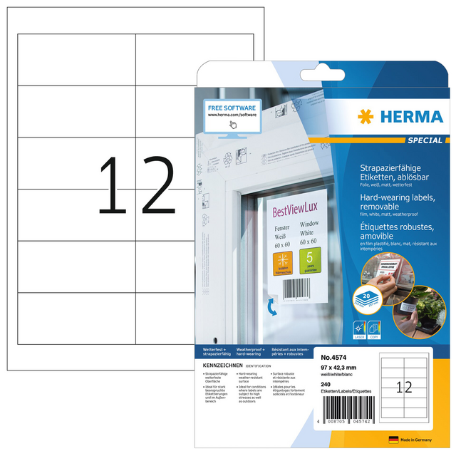 Etiket HERMA 4574 97X42.3mm folie wit 240 etiketten Etiket HERMA 4574 97X42.3mm folie wit 240 etiketten