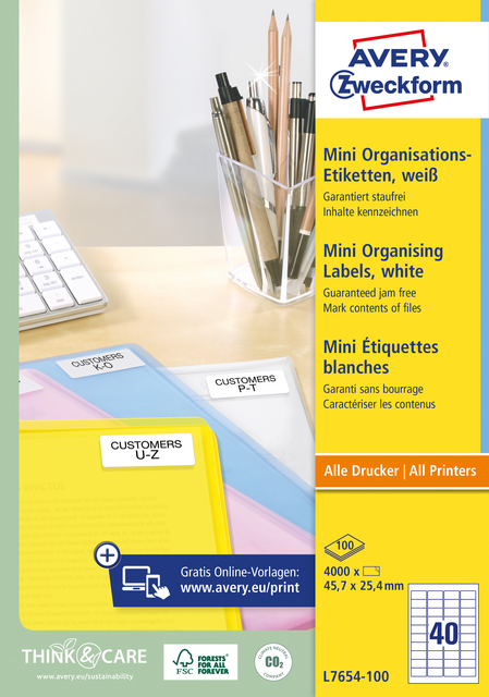 Etiket Avery L7654-100 45.7x25.4mm wit 4000 etiketten Etiket Avery L7654-100 45.7x25.4mm wit 4000 etiketten