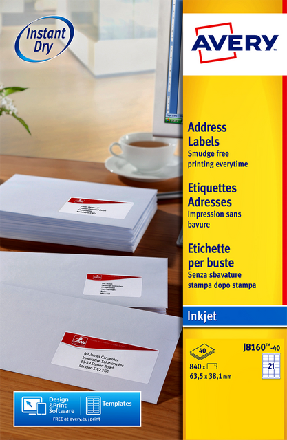 Etiket Avery J8160-40 63.5x38.1mm wit 840 etiketten Etiket Avery J8160-40 63.5x38.1mm wit 840 etiketten