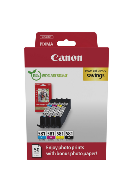 Inktcartridge Canon CLI-581 zwart + 3 kleuren Inktcartridge Canon CLI-581 zwart + 3 kleuren