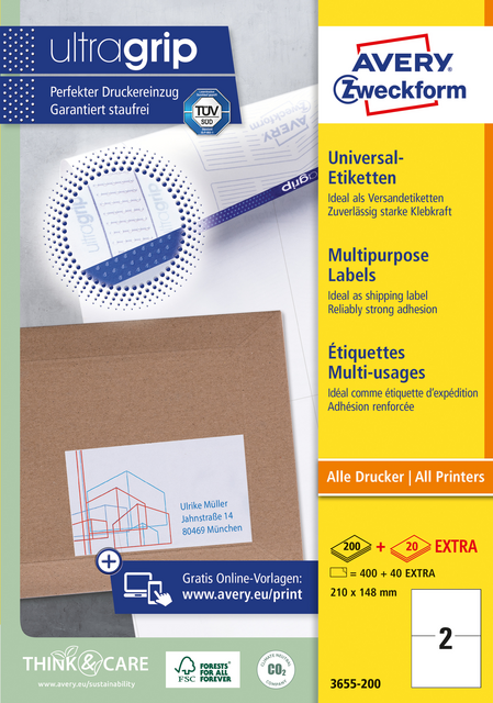 Etiket Avery Zweckform 3655-200 210x148mm A5 wit 400stuks Etiket Avery Zweckform 3655-200 210x148mm A5 wit 400stuks