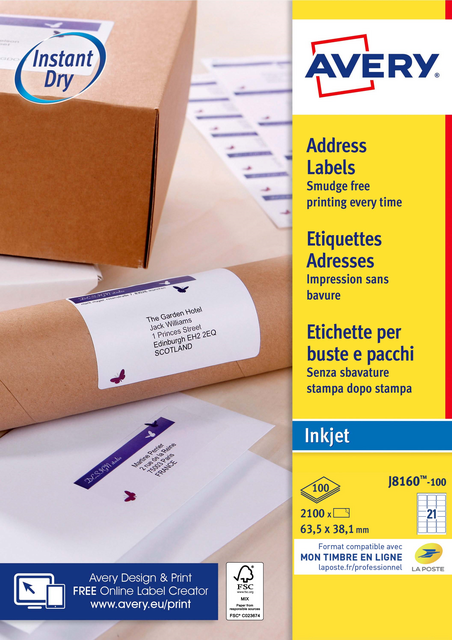 Etiket Avery J8160-100 63.5x38.1mm wit 2100 etiketten Etiket Avery J8160-100 63.5x38.1mm wit 2100 etiketten