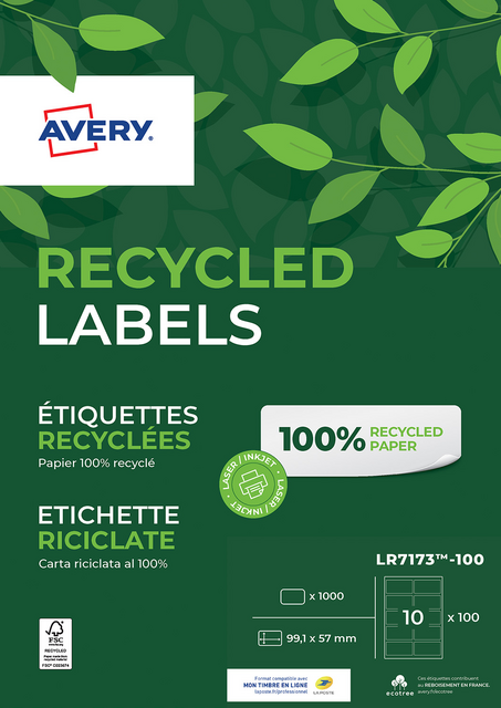 Etiket Avery LR7173-100 99.1x57mm recycled wit 1000 etiketten Etiket Avery LR7173-100 99.1x57mm recycled wit 1000 etiketten