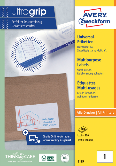 Etiket Avery Zweckform 6135 210x148mm wit 200stuks Etiket Avery Zweckform 6135 210x148mm wit 200stuks