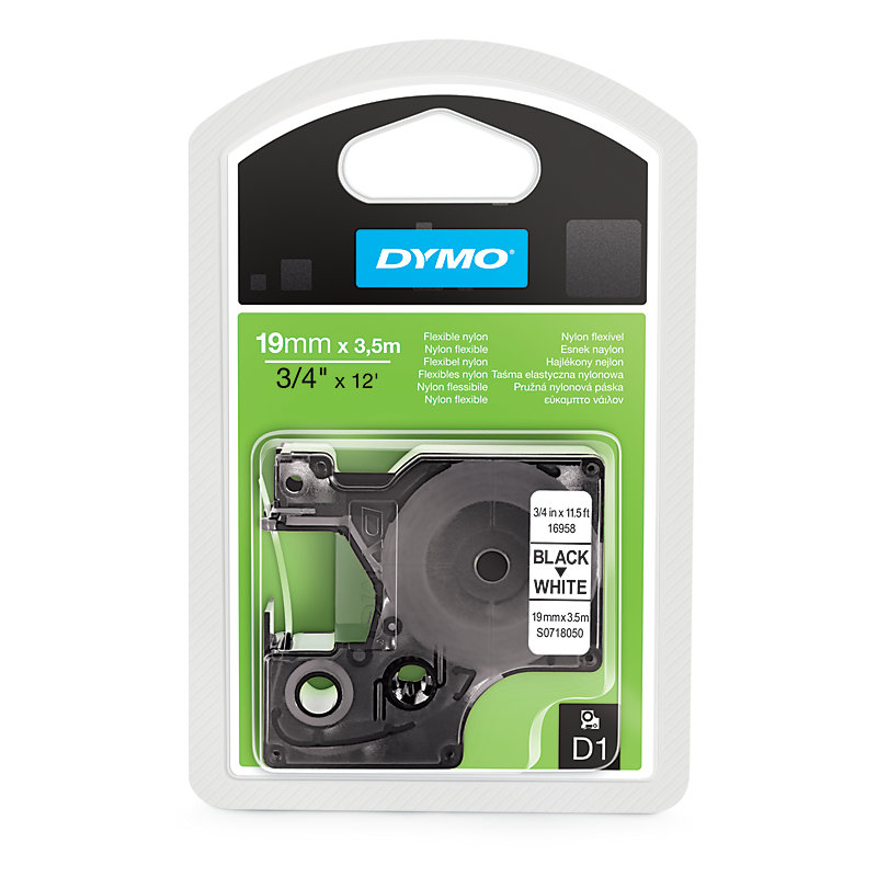 Dymo 16958 D1 flexibel nylon 19mm zwart op wit