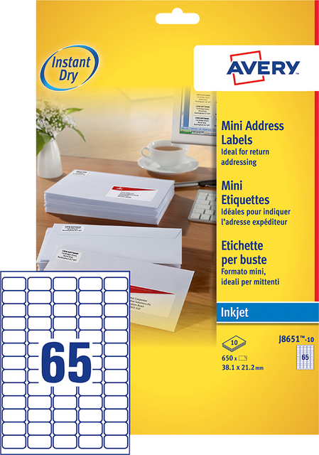 Etiket Avery J8651-10 38.1x21.2mm wit 650 etiketten Etiket Avery J8651-10 38.1x21.2mm wit 650 etiketten