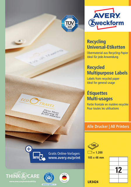 Etiket Avery Zweckform LR3424 105x48mm recycled wit 1200 etiketten Etiket Avery Zweckform LR3424 105x48mm recycled wit 1200 etiketten