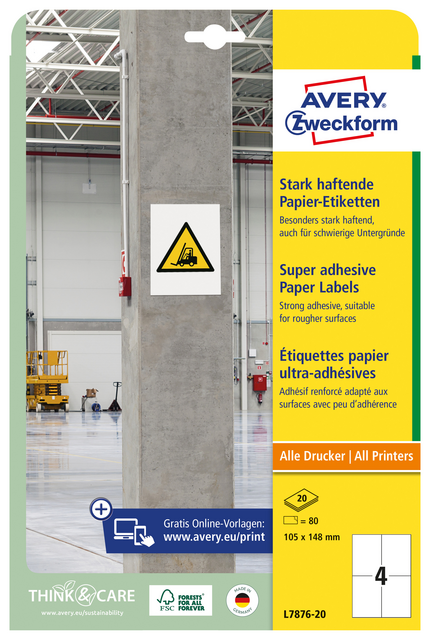 Etiket Avery Zweckform L7876-20 105x148mm 80 etiketten Etiket Avery Zweckform L7876-20 105x148mm 80 etiketten