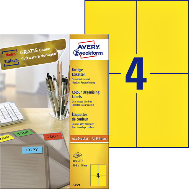 Etiket Avery Zweckform 3459 105x148mm A6 geel 400stuks Etiket Avery Zweckform 3459 105x148mm A6 geel 400stuks