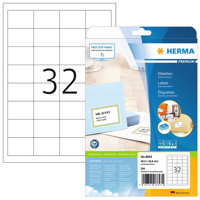 Etiket HERMA 8643 48.3x33.8mm premium wit 320stuks Etiket HERMA 8643 48.3x33.8mm premium wit 320stuks