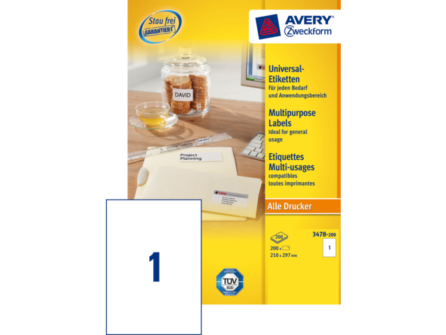 3478-200 etiket avery zweck 3478 210x297mm a4 200st