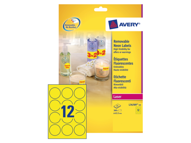 L7670Y-25 etiket avery l7670-25 63.5mm 300st neon geel