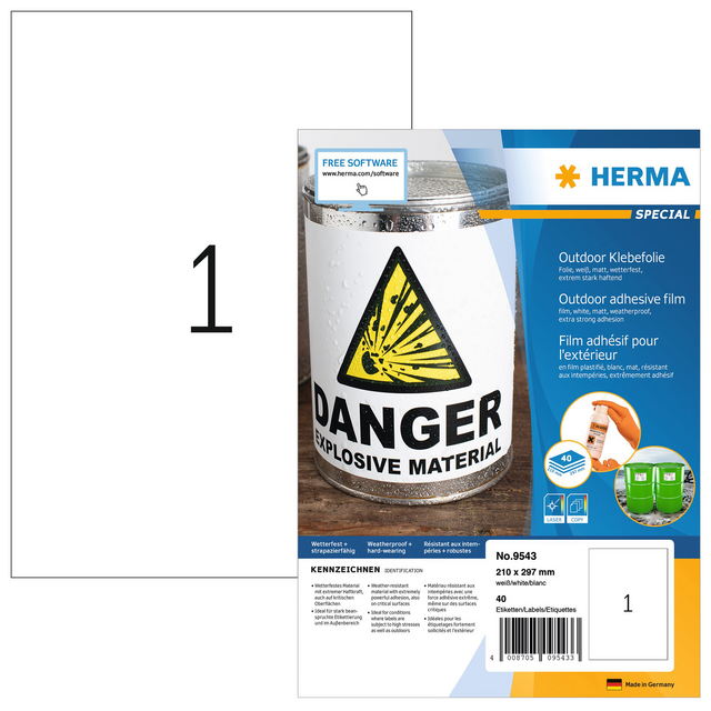 Etiket HERMA 9543 210x297mm weerbestendig wit 40stuks Etiket HERMA 9543 210x297mm weerbestendig wit 40stuks
