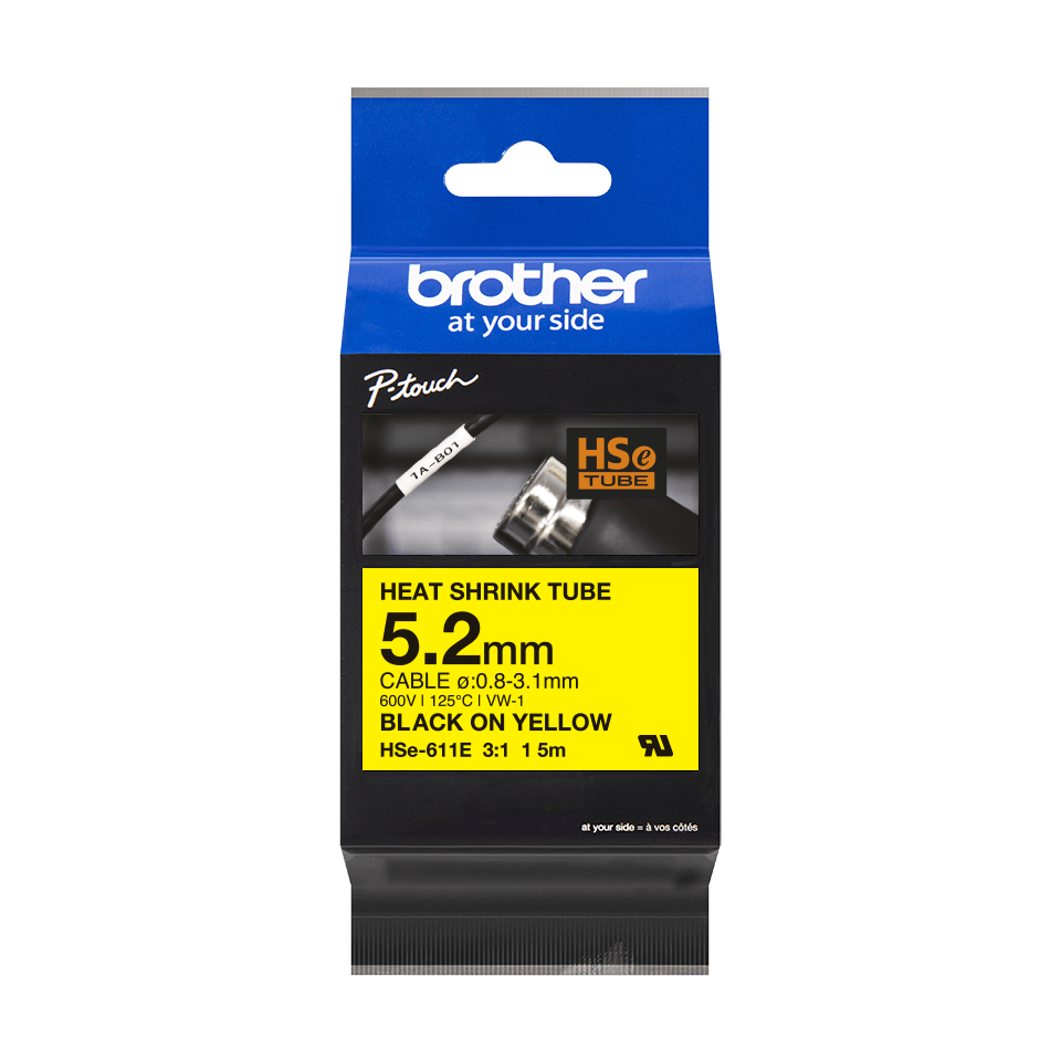 Brother HSE-611E Heat Shrink Tube, 6mm, zwart op geel Brother HSE-611E Heat Shrink Tube, 6mm, zwart op geel