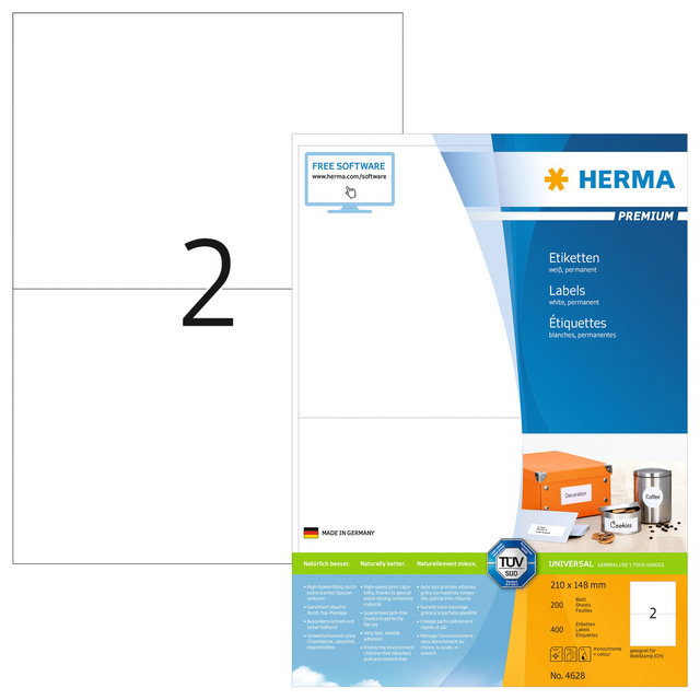 Etiket HERMA 4628 210x148mm A5 premium wit 400stuks Etiket HERMA 4628 210x148mm A5 premium wit 400stuks