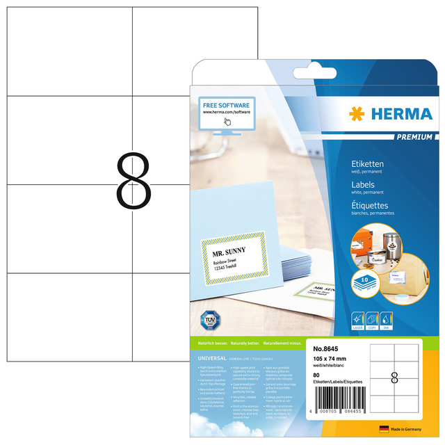 Etiket HERMA 8645 105x74mm premium wit 80stuks Etiket HERMA 8645 105x74mm premium wit 80stuks