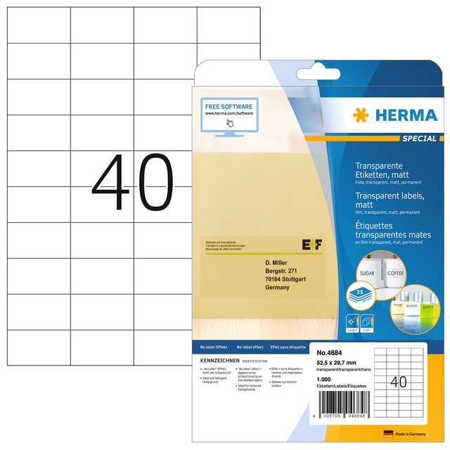 Etiket HERMA 4684 52.5x29.7mm A4 folie transparant mat Etiket HERMA 4684 52.5x29.7mm A4 folie transparant mat