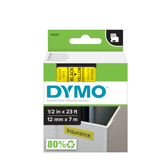 Dymo 45018 D1 Tape 12mm x 7m zwart op geel 