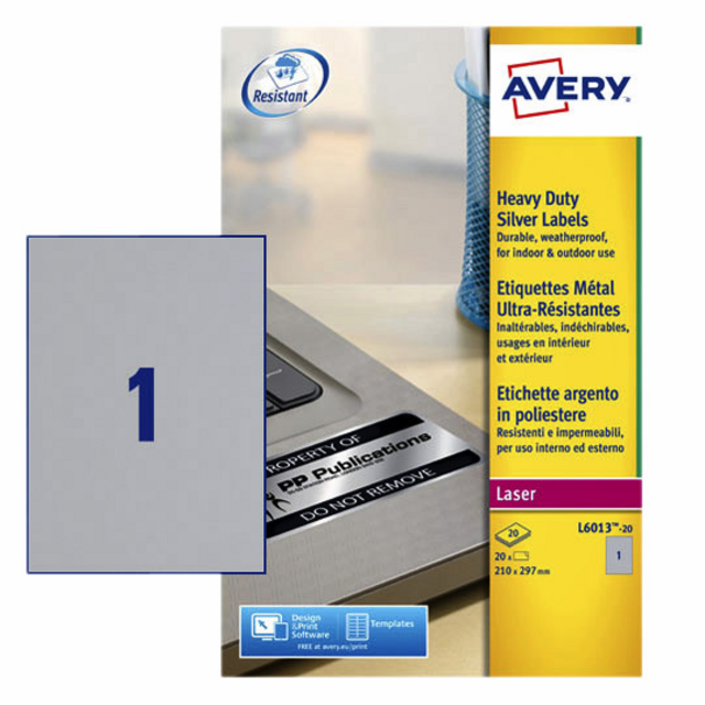 Etiket Avery L6013-20 210x297mm zilver 20 etiketten