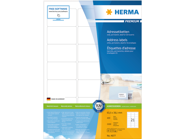 4677 etiket herma 4677 63.5x38.1mm premium a4 2100st
