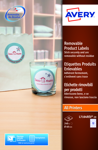 Etiket Avery L7104REV-20 60mm wit 240 etiketten Etiket Avery L7104REV-20 60mm wit 240 etiketten