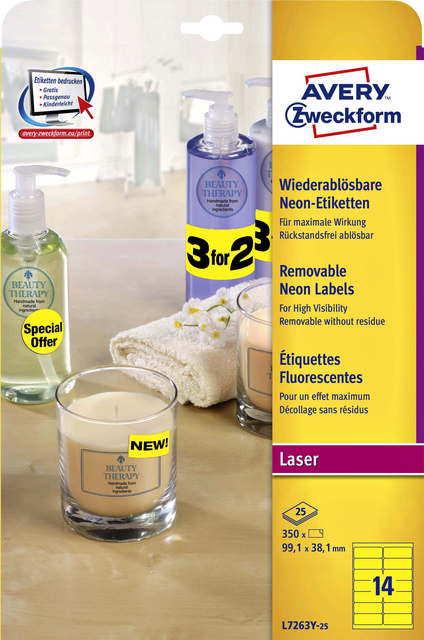 Etiket Avery L7263Y-25 99.1x38.1mm neon geel 350 etiketten Etiket Avery L7263Y-25 99.1x38.1mm neon geel 350 etiketten